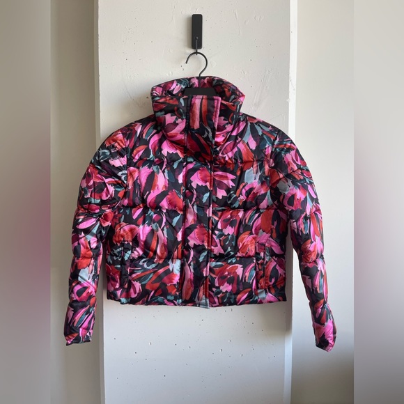 Milly Minis Floral-Print Cropped Puffer Jacket in Pink Multi Size 10 - Picture 2 of 6